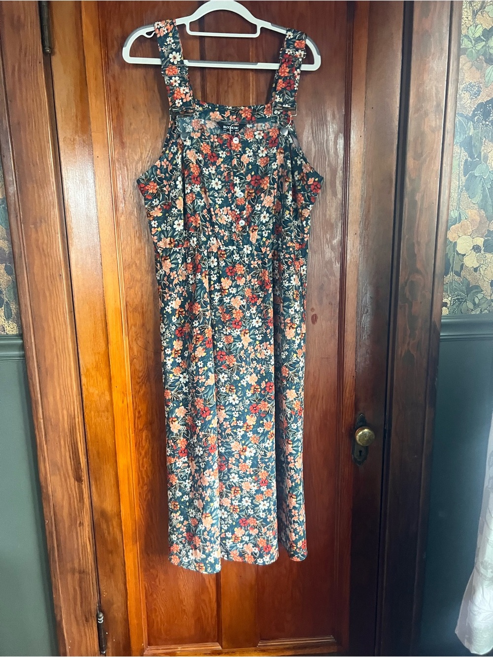 Bloomchic size 12 Floral Midi dress with Wide Straps - Green, Rust & Cream